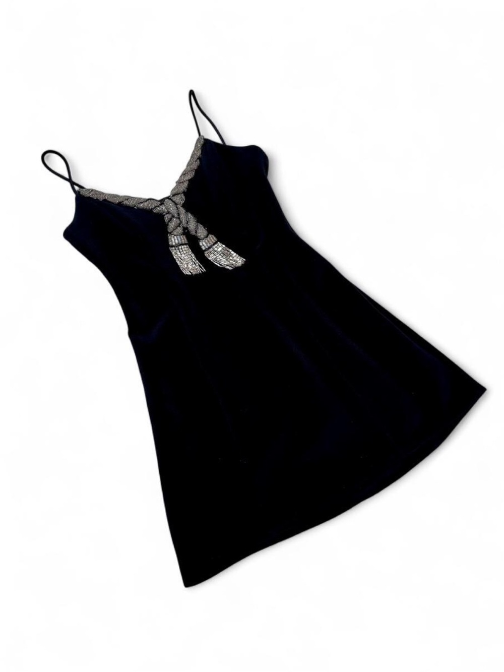 Vintage Alex Evenings Black Slip Dress with Silver Beaded Trim